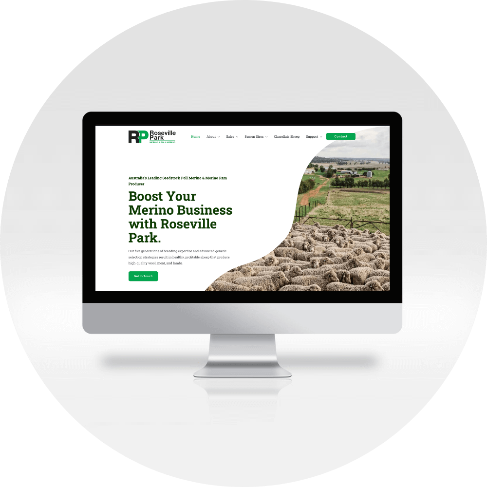 A computer screen displaying website design for a merino breeding company.