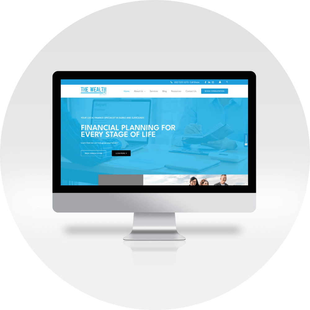 A computer screen displaying website design for a financial planning company.