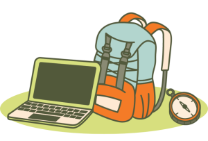 A backpack, laptop, and compass illustrated on a green surface, suggesting preparation for travel or adventure with digital assistance.