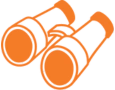 Illustration of orange binoculars on a transparent background.