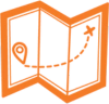 An orange map icon with two arrows indicating different routes.