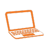 Illustration of an open orange laptop with a blank screen on a transparent background.