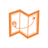 An orange map icon with a line graph and location marker symbol.