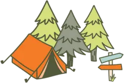 Illustration of an orange tent and a picnic table surrounded by four pine trees.